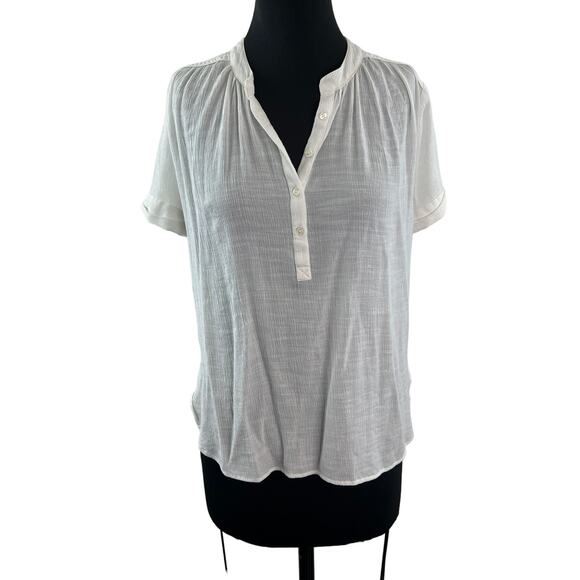 MAEVE White Crinkled Blouse Cotton Short Sleeve Round Hem Pullover Size X-Small - Picture 1 of 9